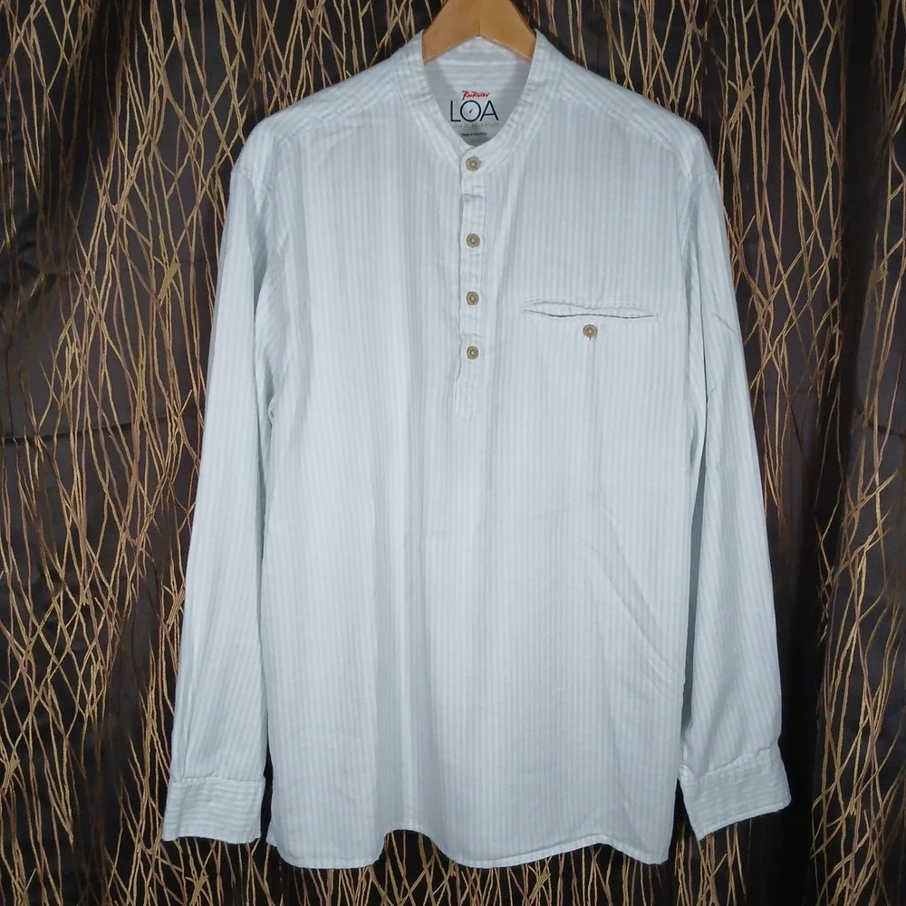 RailRiders LOA Henley Shirt Mens XL Blue White Stripe Band Collar RR-SPS